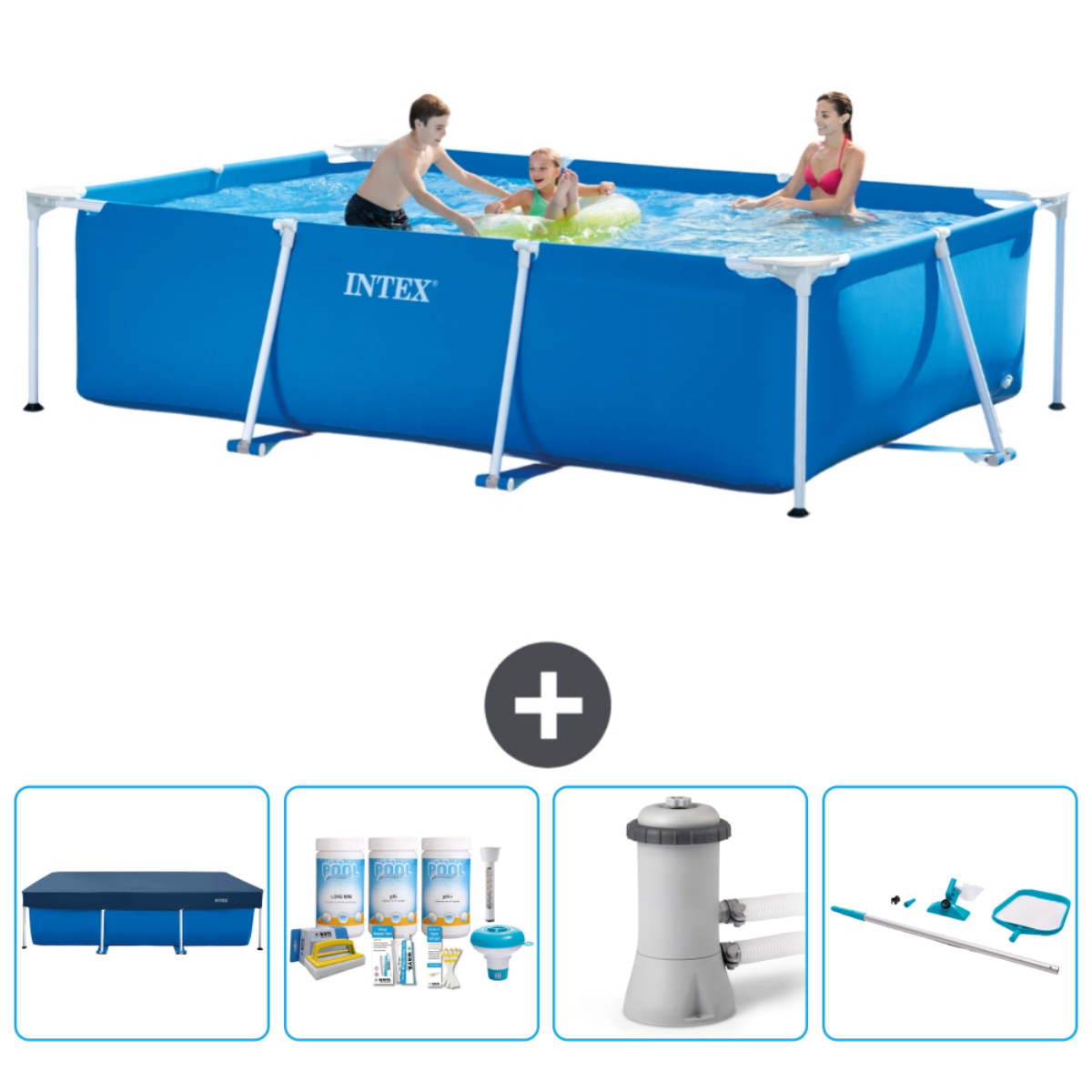 Rechthoekig zwembad met mensen, accessoires: afdekking, chloor, filter en schoonmaakgereedschap.