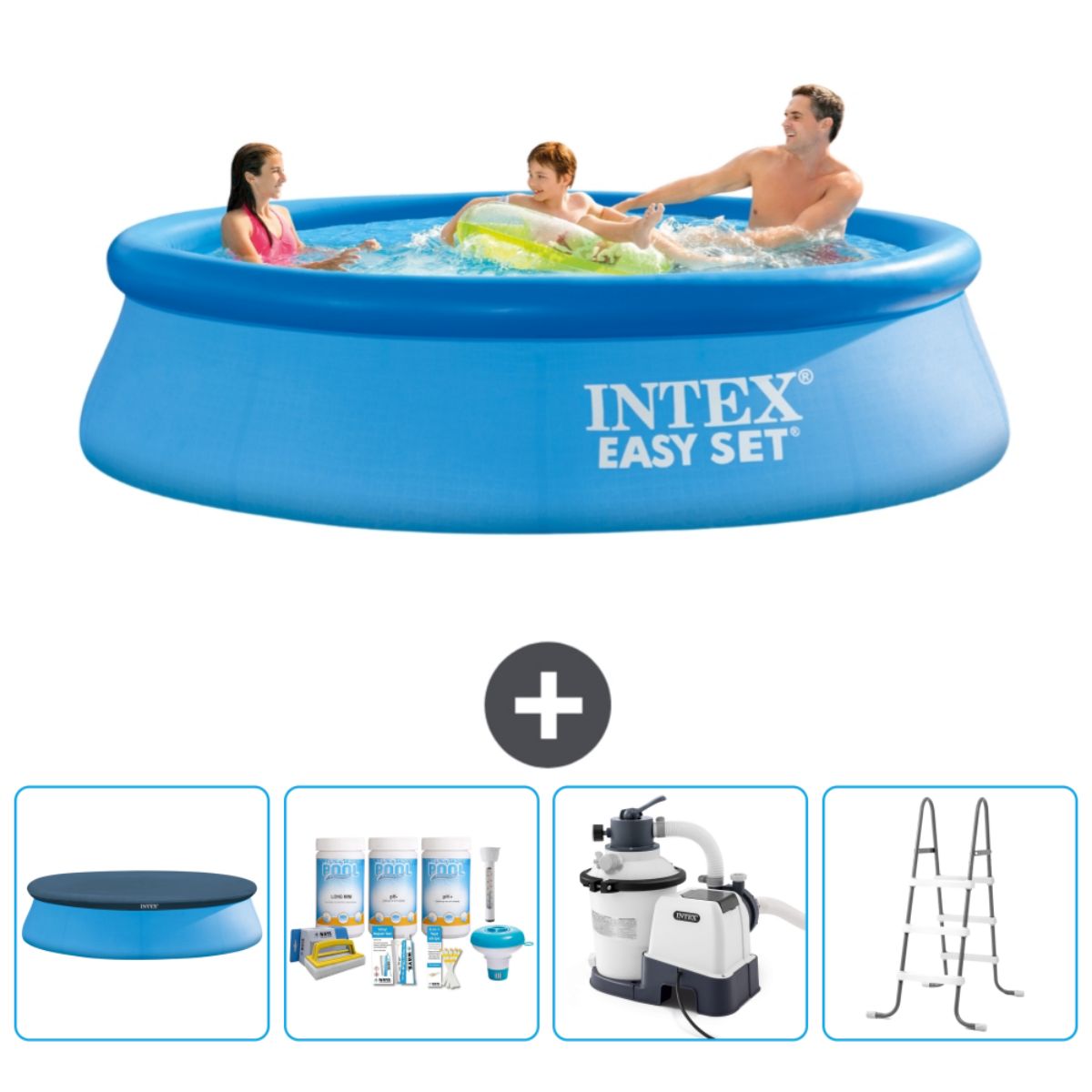 People in a round pool. Accessories: cover, chemicals, filter, and ladder.