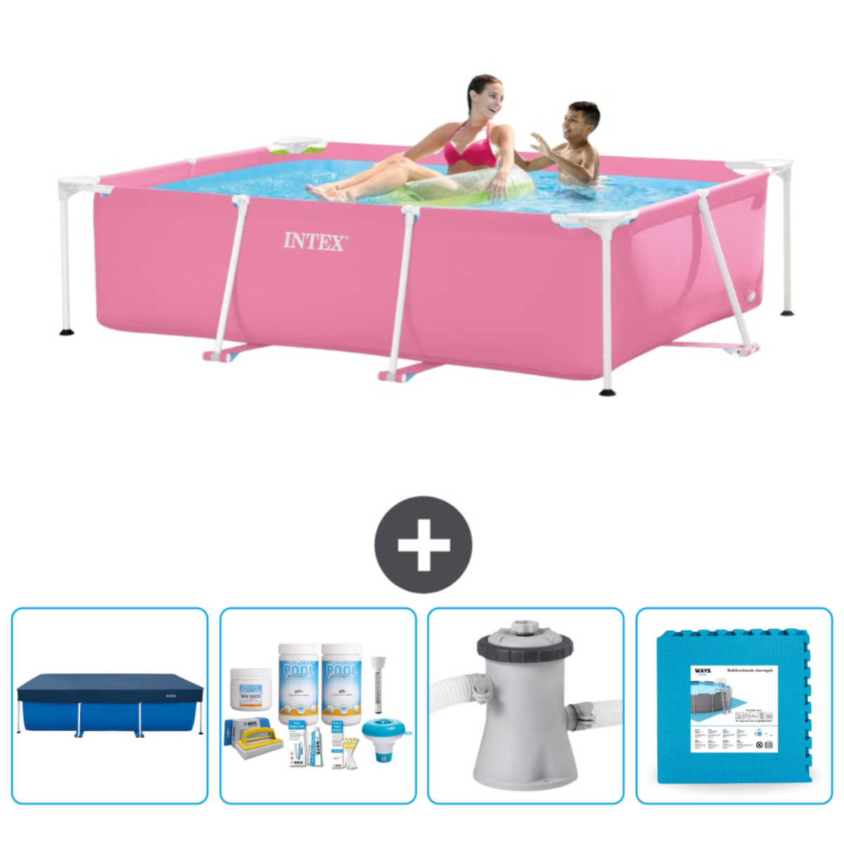 Roze rechthoekig zwembad met mensen, plus accessoires en chemicaliën.
