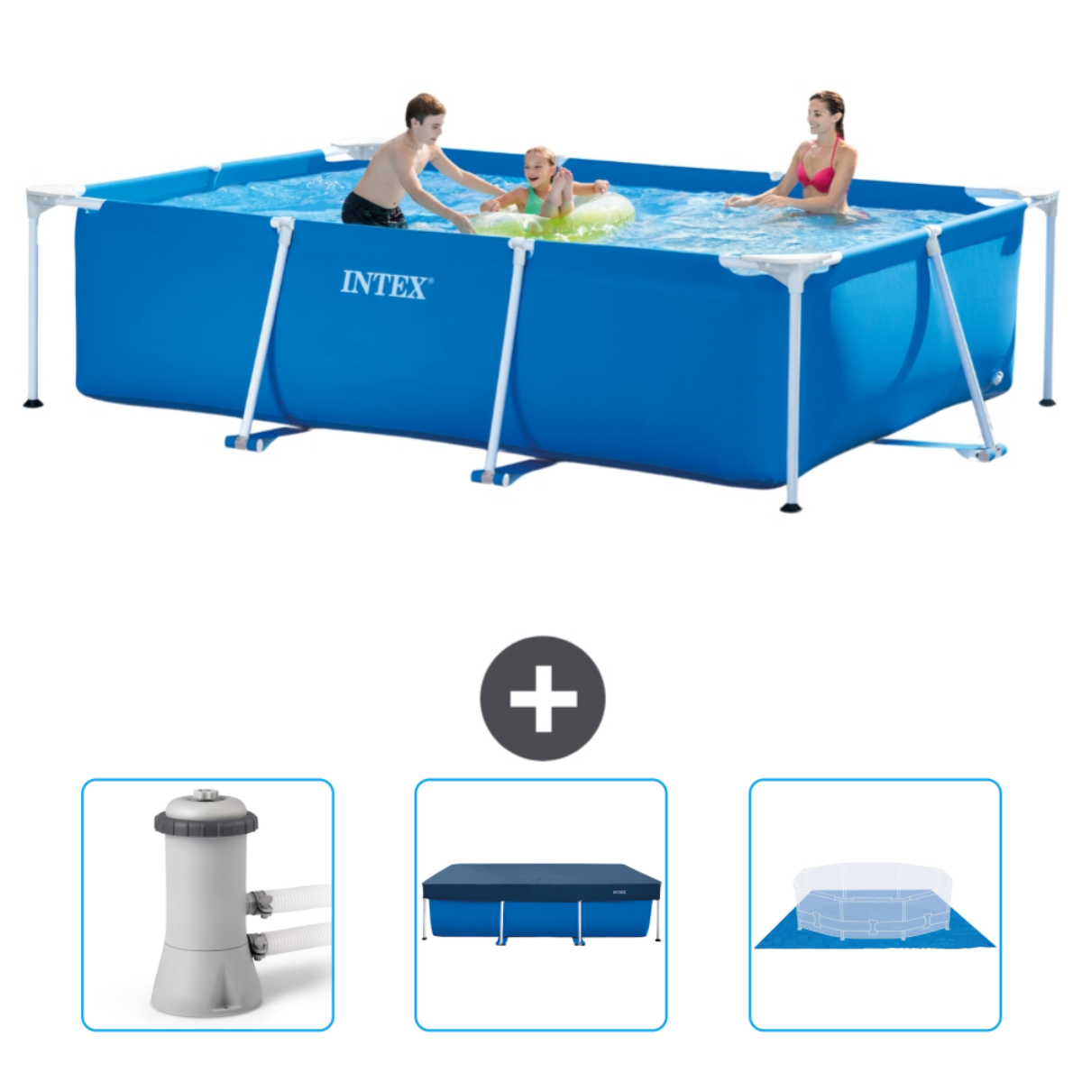 Blauer Pool mit schwimmenden Personen, Pluszeichen und drei Zubehörbilder.