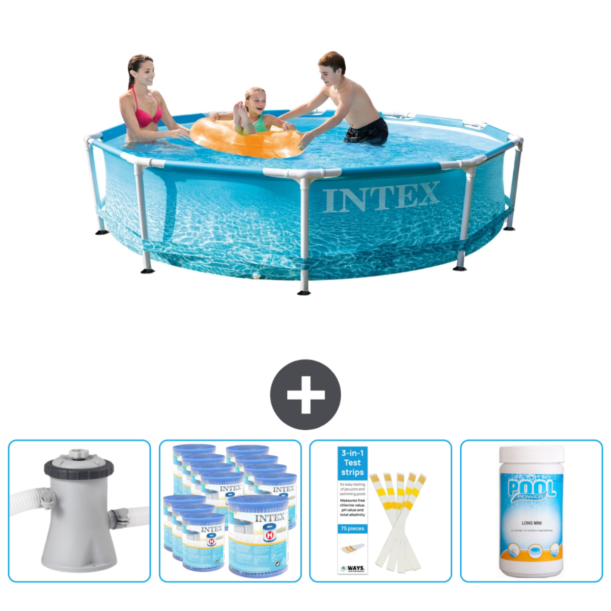 Blauw Intex zwembad met drie personen. Accessoires: filter, chemicaliën, teststrips en een zwembadreiniger.
