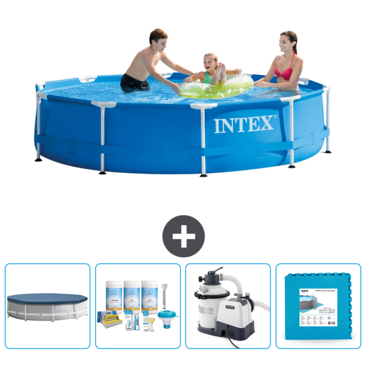 Blue, rectangular pool with people, accessories: cover, chlorine, filter and mat.