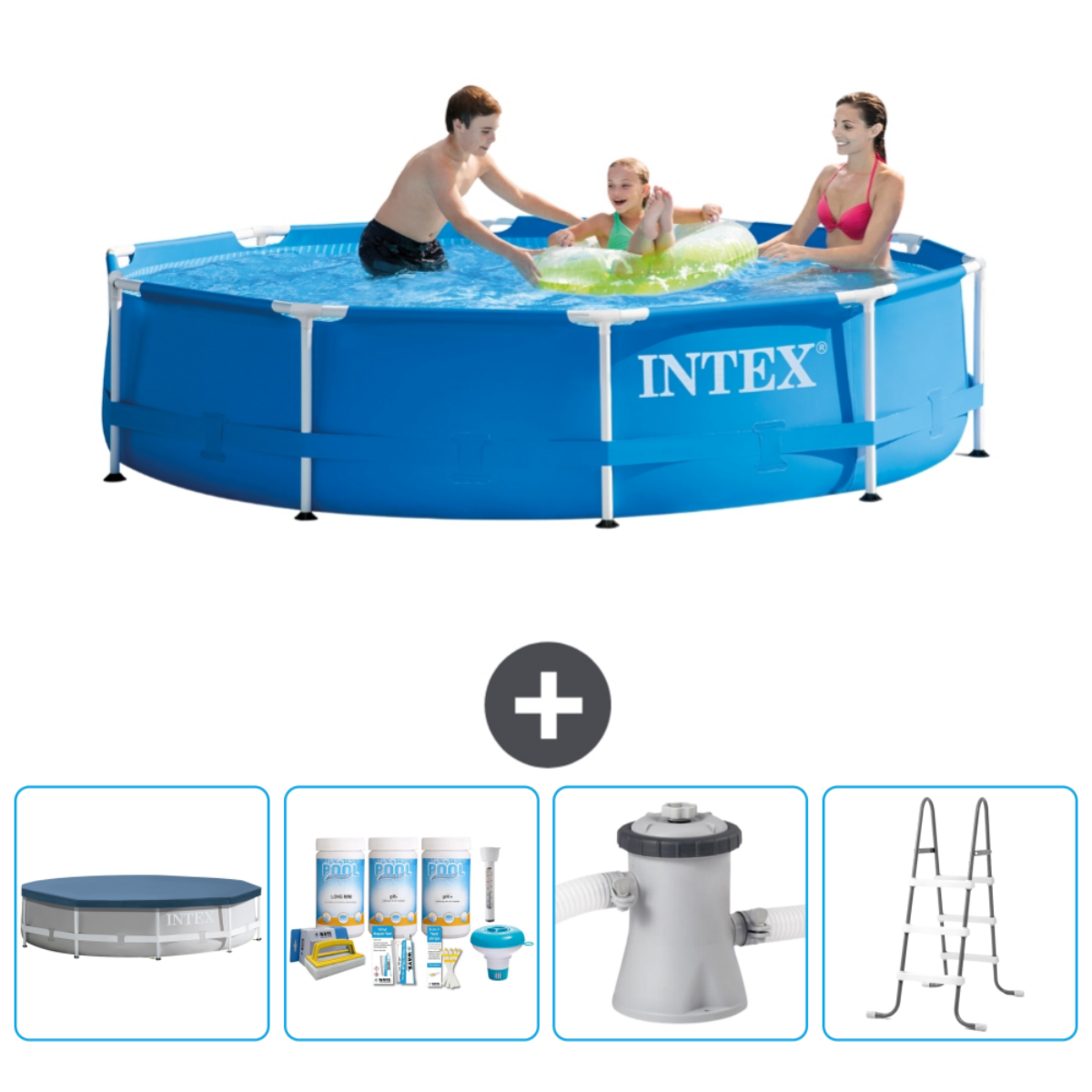 Mensen spelen in een rond zwembad. Inclusief filter, ladder en schoonmaakartikelen. Intex zwembad.