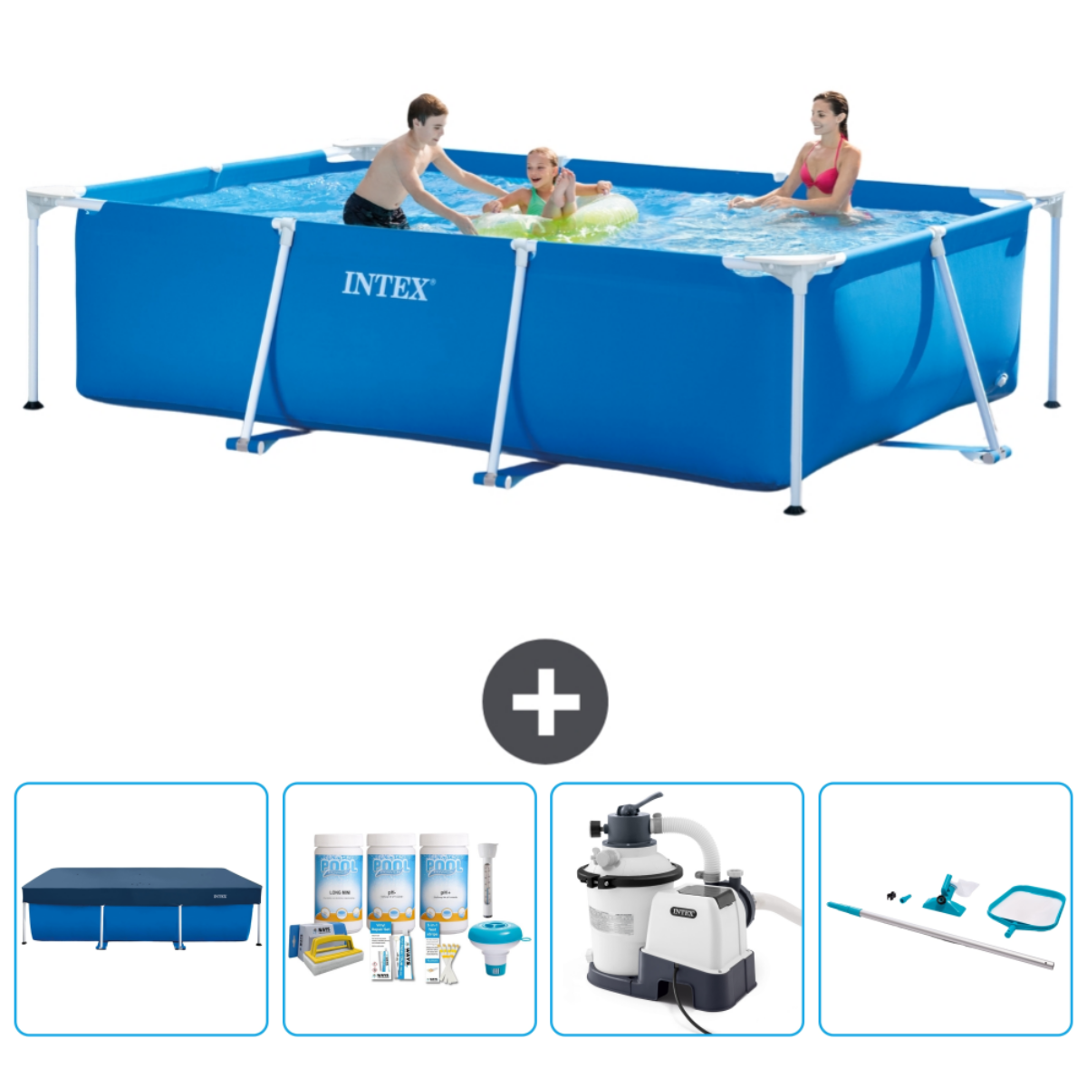 Three people in a blue rectangular pool with accessories. The INTEXT brand is visible.