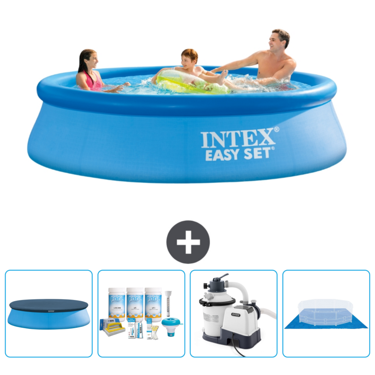 Famille dans la piscine Intex Easy Set, accessoires en dessous.