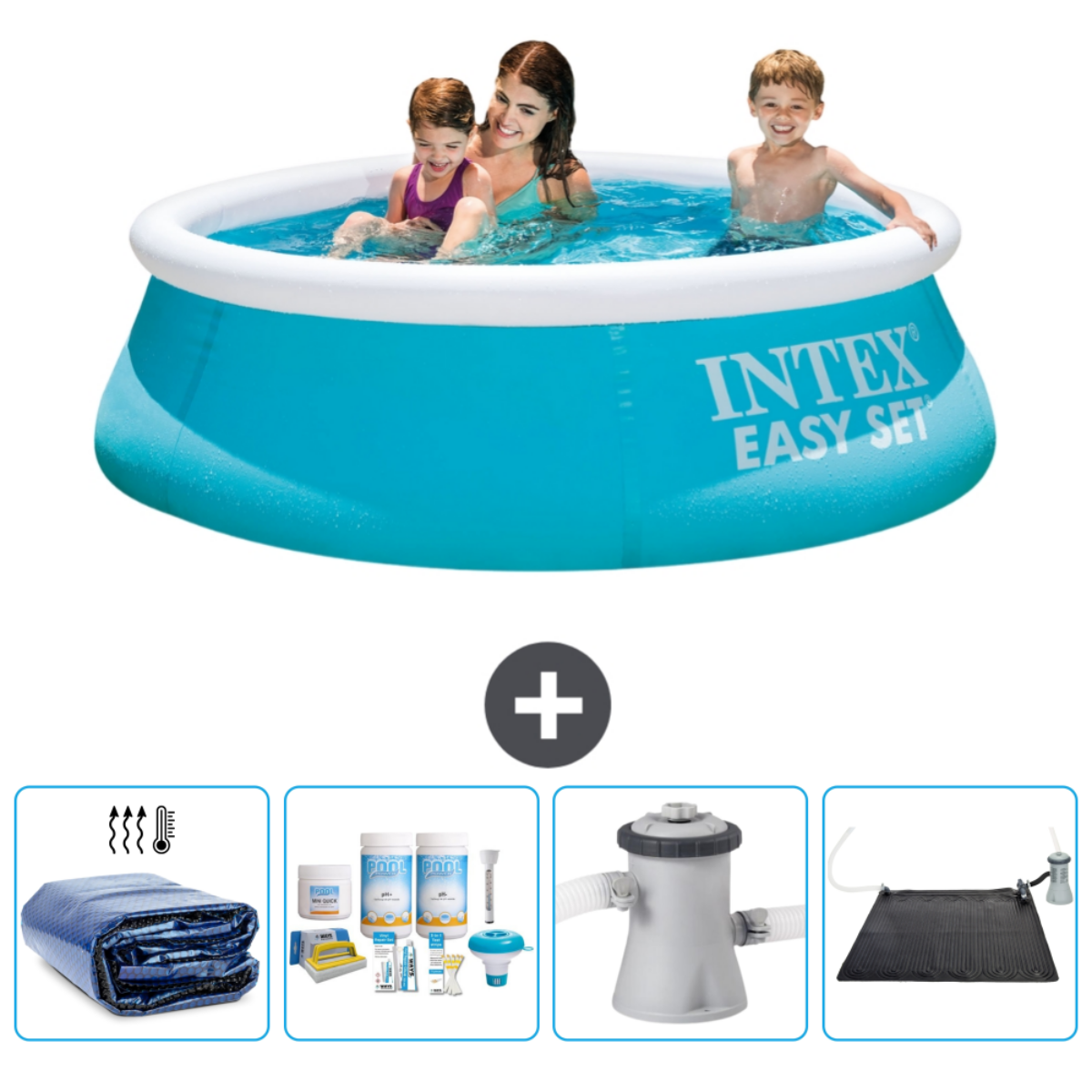 Piscine bleue Intex Easy Set avec des personnes dedans. Accessoires : pompe, échelle, produits chimiques et couverture.