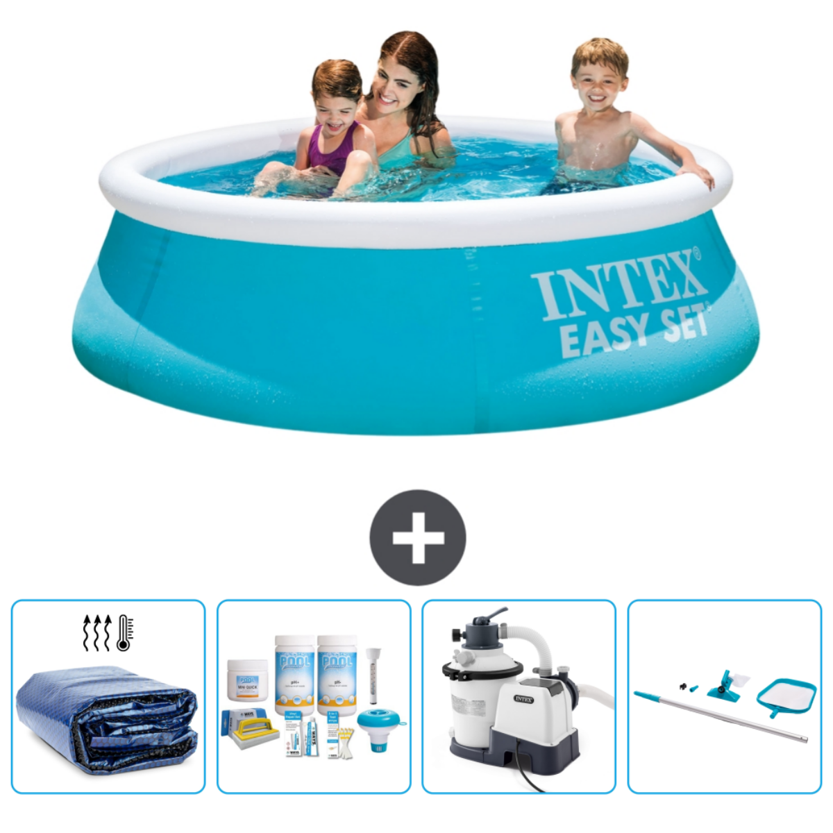 Piscine gonflable bleue avec personnes. Accessoires : couverture, produits chimiques, pompe.
