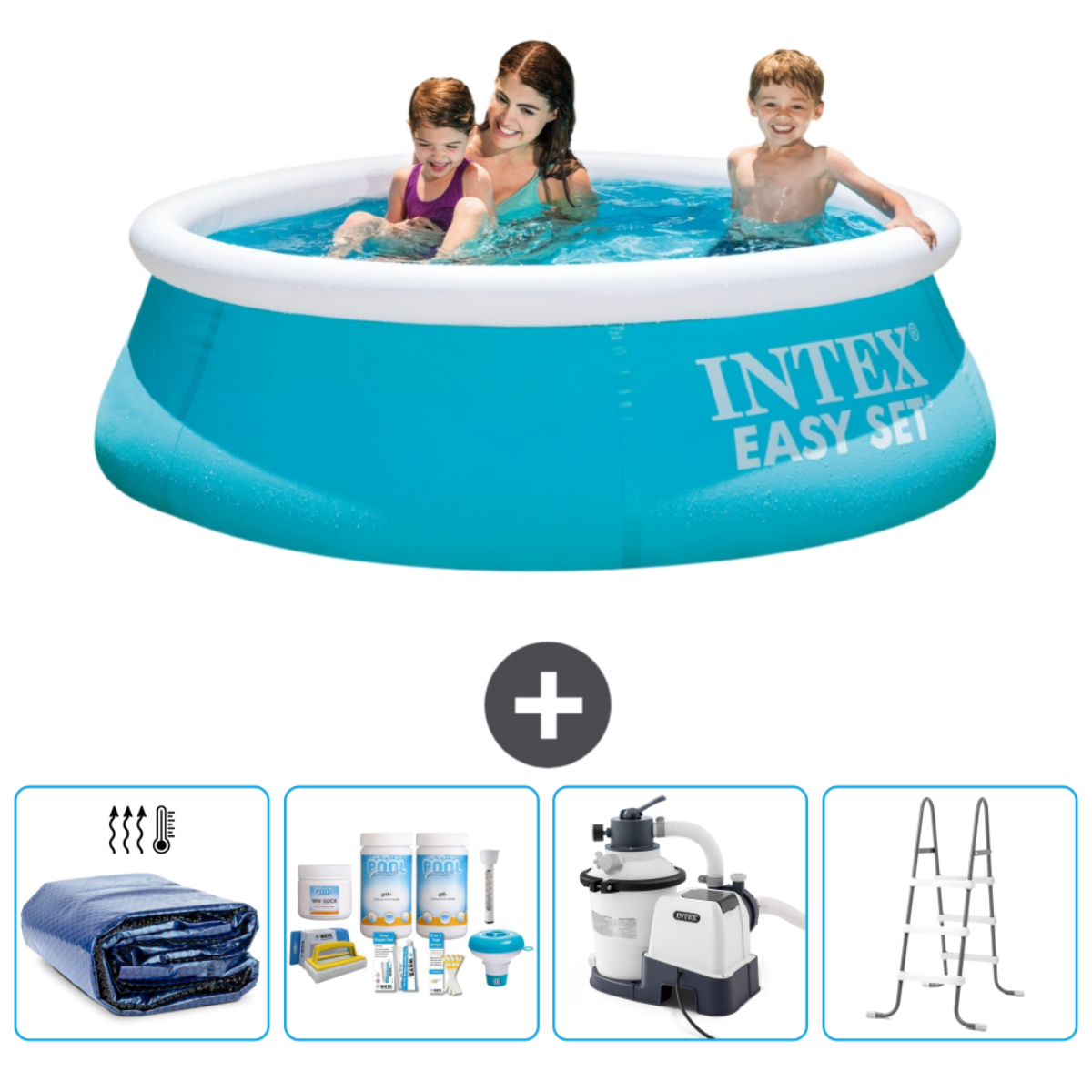 Een blauw Intex Easy Set zwembad met mensen, afdekking, chemicaliën, ladder en pomp.
