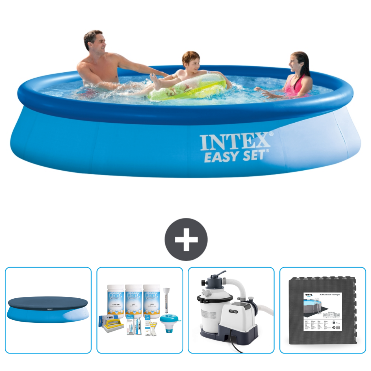Piscine gonflable bleue avec des gens, plus accessoires et produits chimiques.