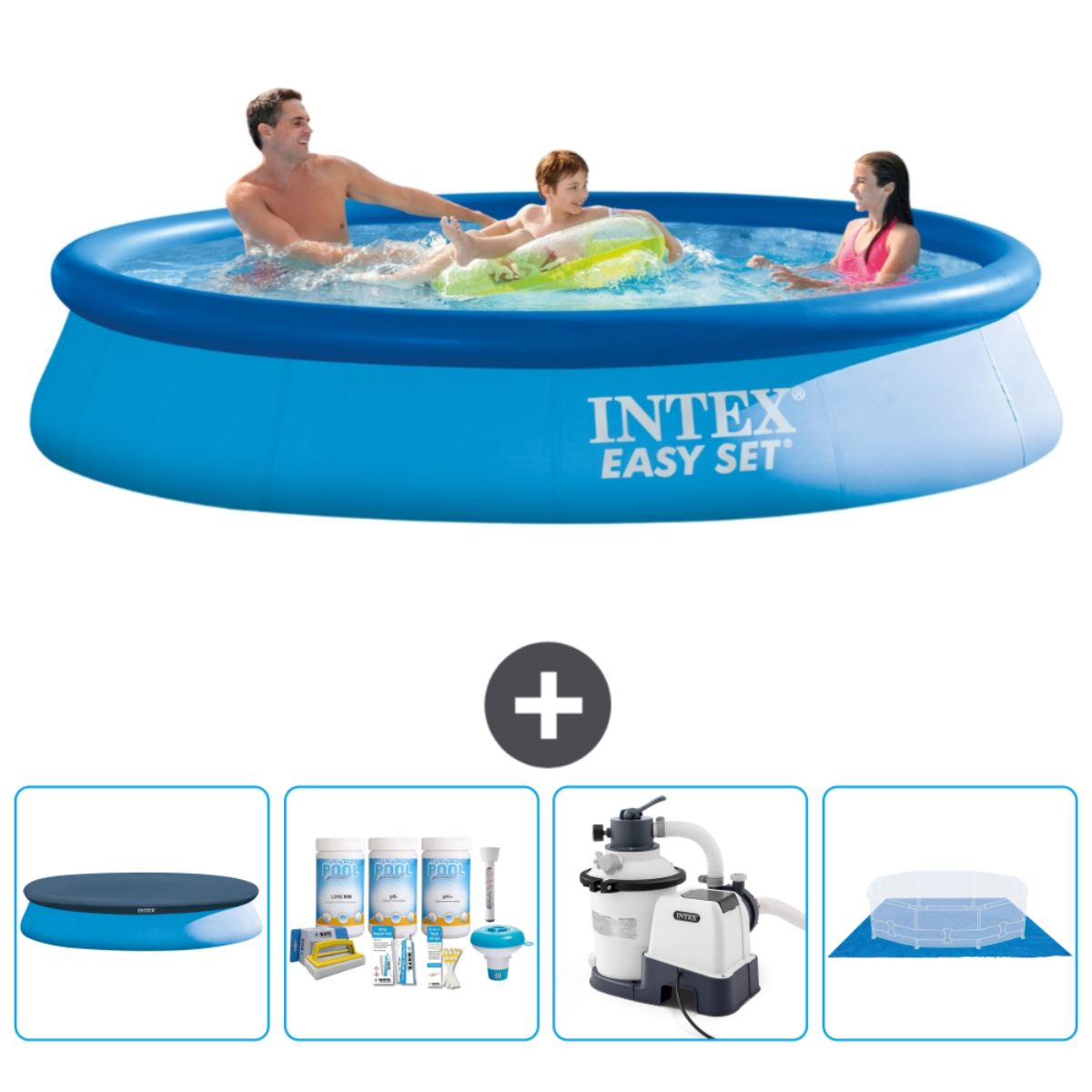 Piscine bleue avec nageurs, un signe plus et quatre accessoires.