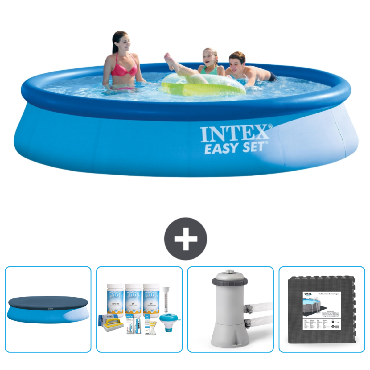 Blauw Intex Easy Set zwembad met drie personen. Accessoires: afdekzeil, chemicaliën, filter en een reinigingsset.