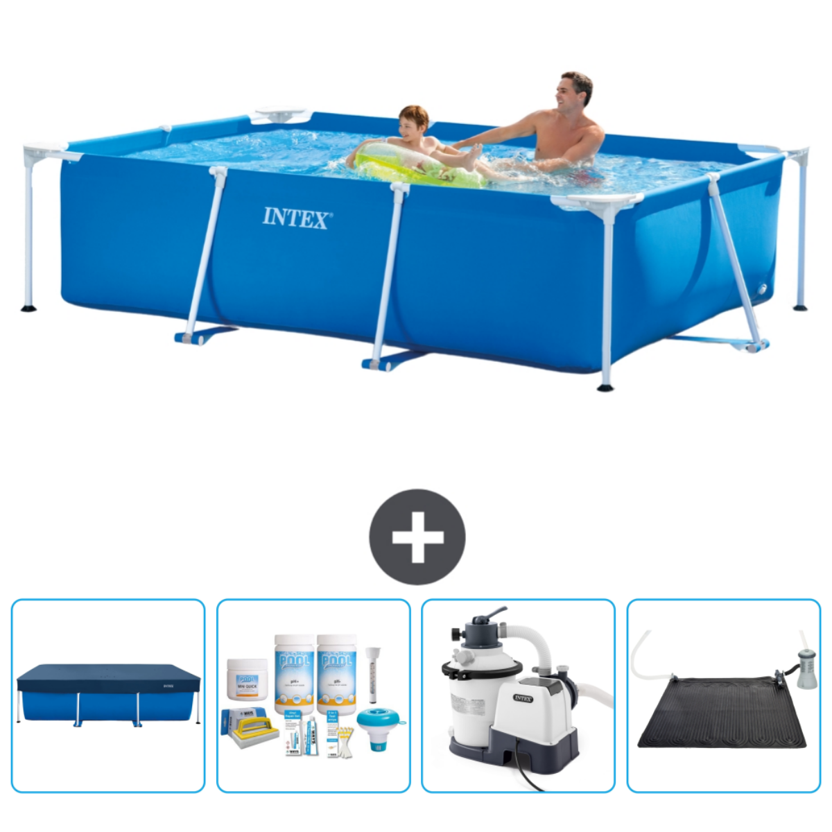 A blue rectangular pool with two people in it. Accessories are also shown.