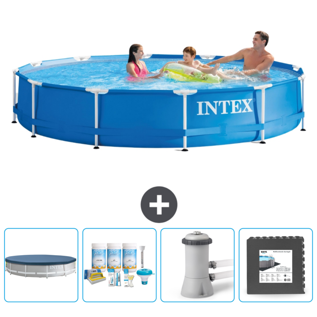 Familie in blauw zwembad met INTEX-logo, accessoires eromheen. Mensen en accessoires.