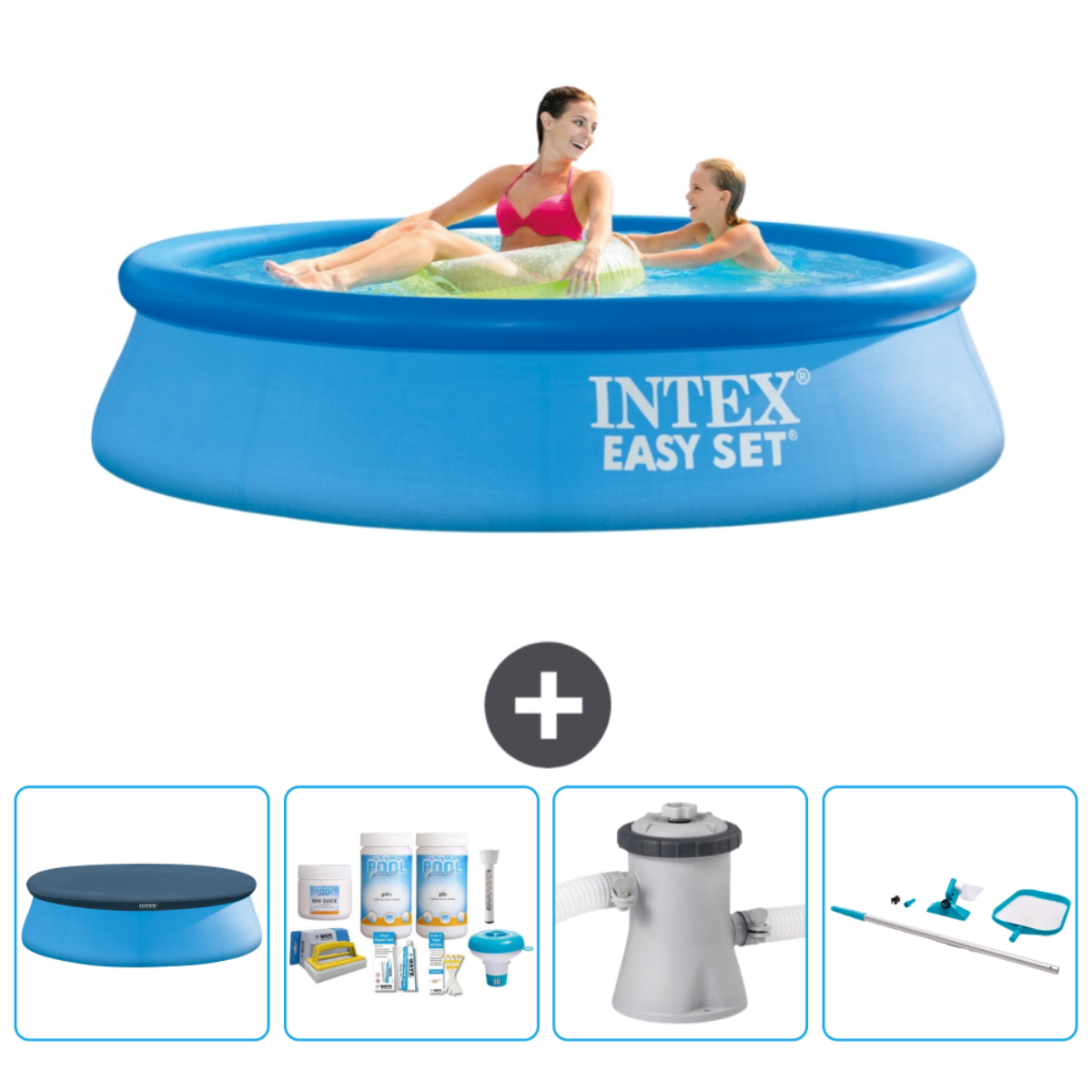 Two women in a blue pool with accessories. The pool is round with the INTEXT EASY SET brand.