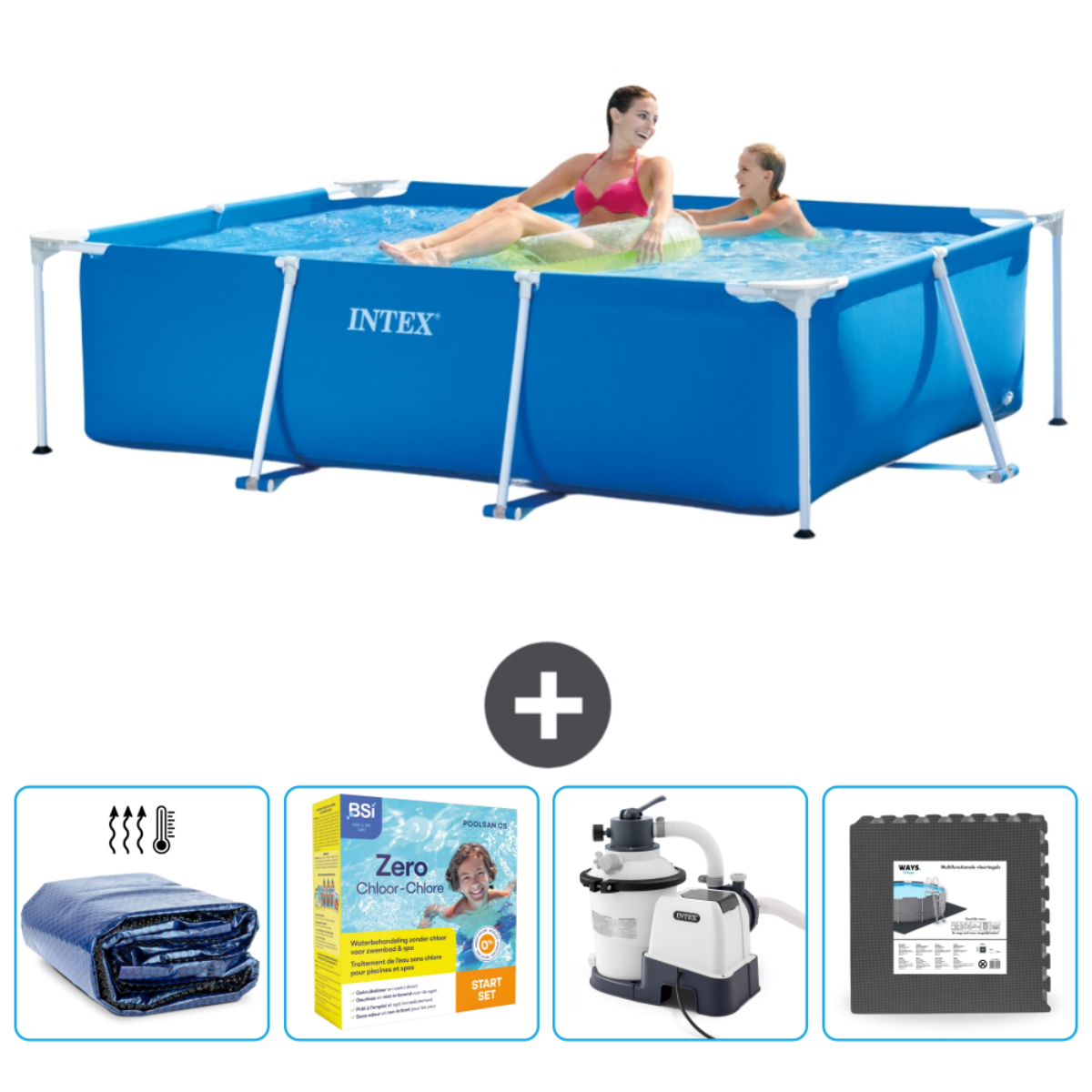 Blue rectangular pool with people, accessories include cover, chemicals, pump, and foam mats.
