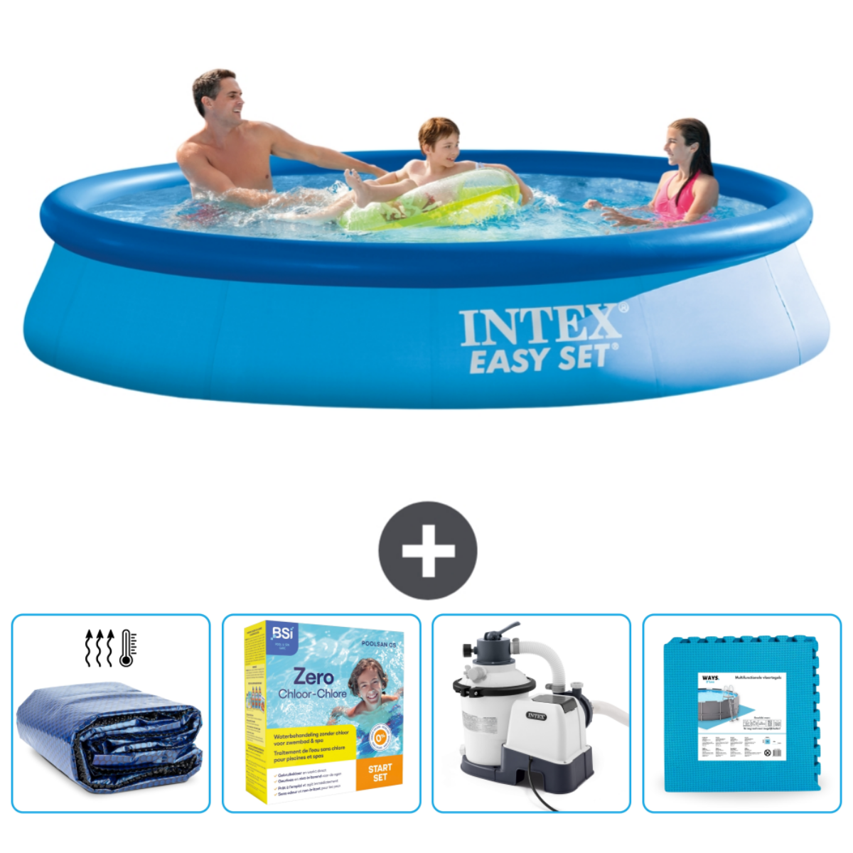Personnes dans piscine bleue, accessoires en dessous.
