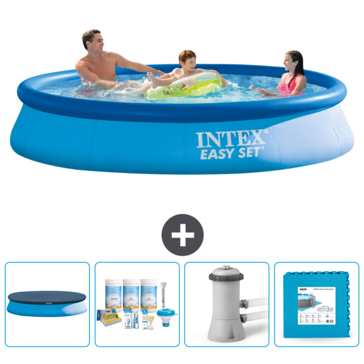 Blauw Intex Easy Set zwembad met mensen. Accessoires: afdekzeil, chemicaliën, pomp en matten.