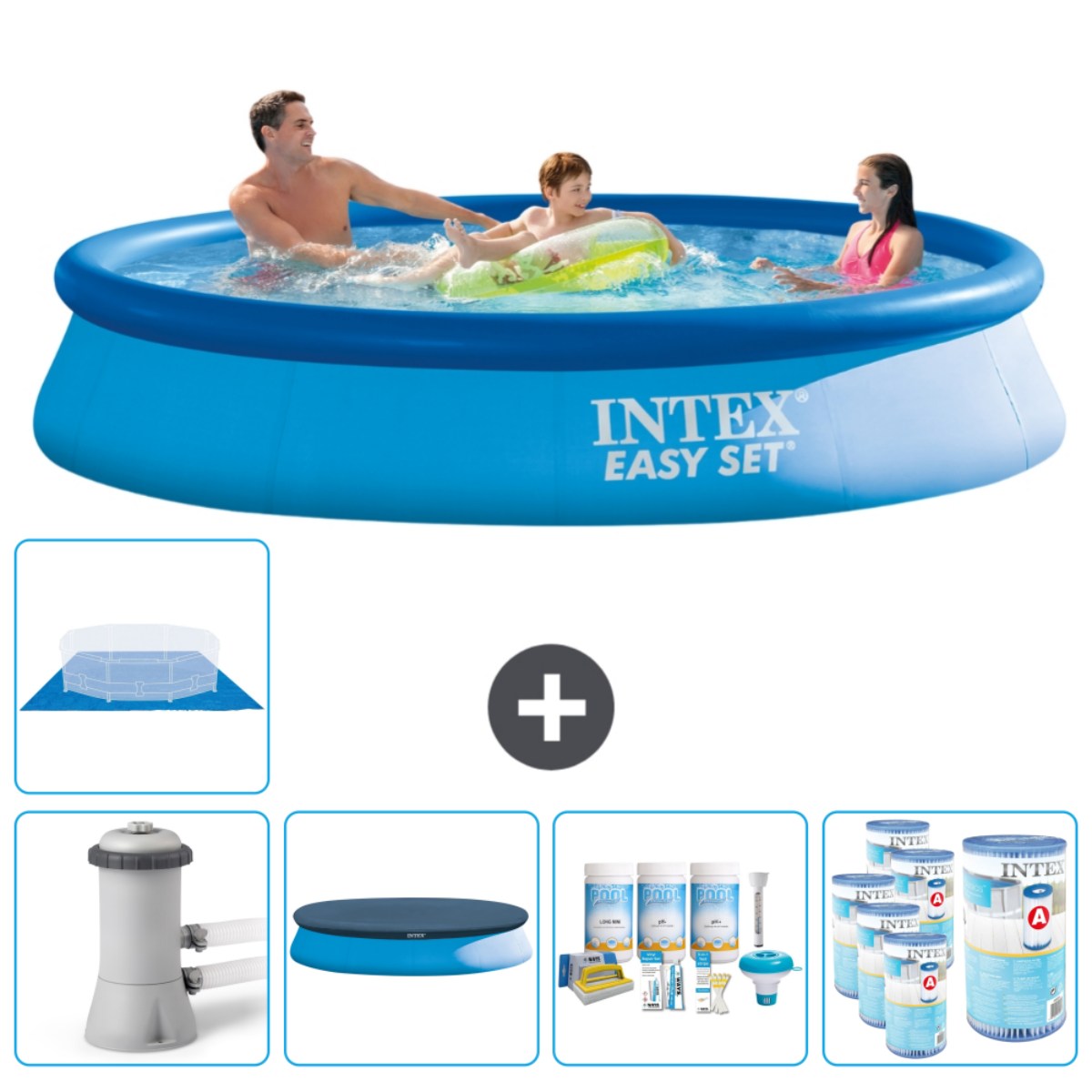 Mensen in een blauw rond zwembad. Inclusief afdekzeil, chemicaliën, pomp en schoonmaakset.