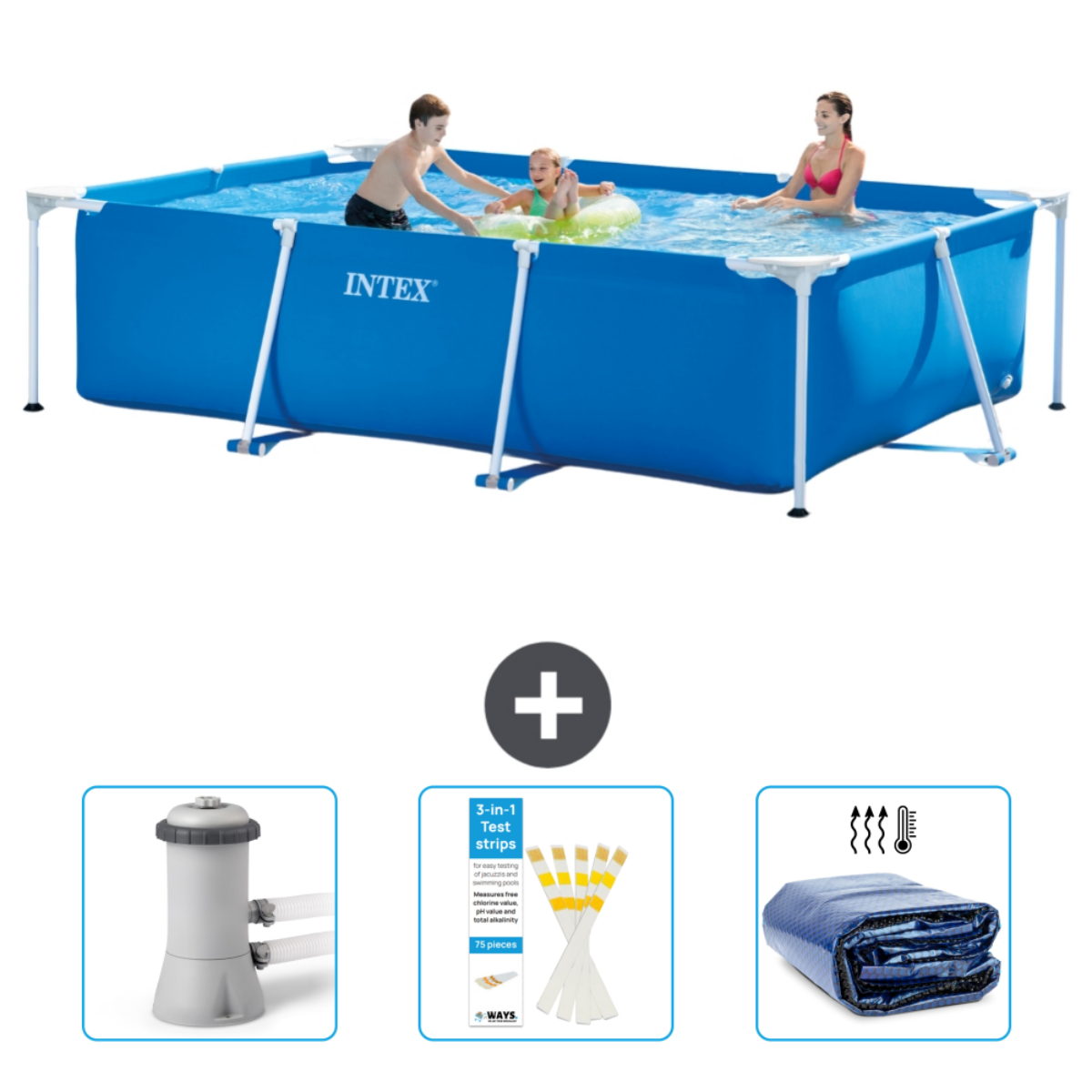 Blauw rechthoekig zwembad met mensen. Accessoires: pomp, teststrips en zonnedek.