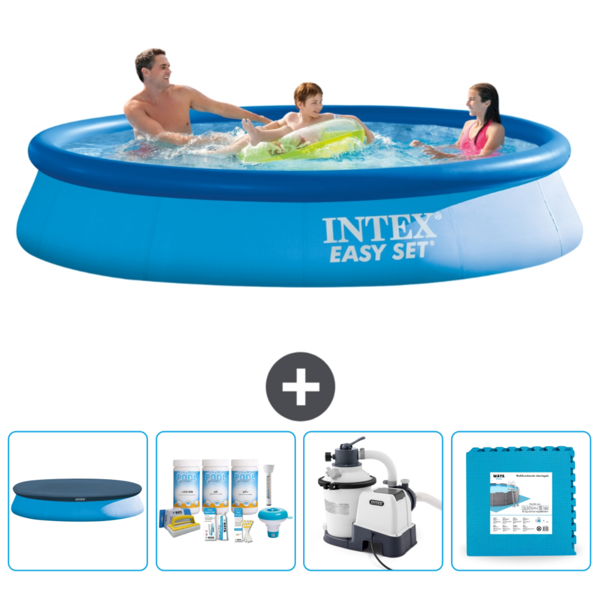 Trois personnes dans une piscine bleue avec accessoires. La piscine est ronde avec la marque INTEXT EASY SET.
