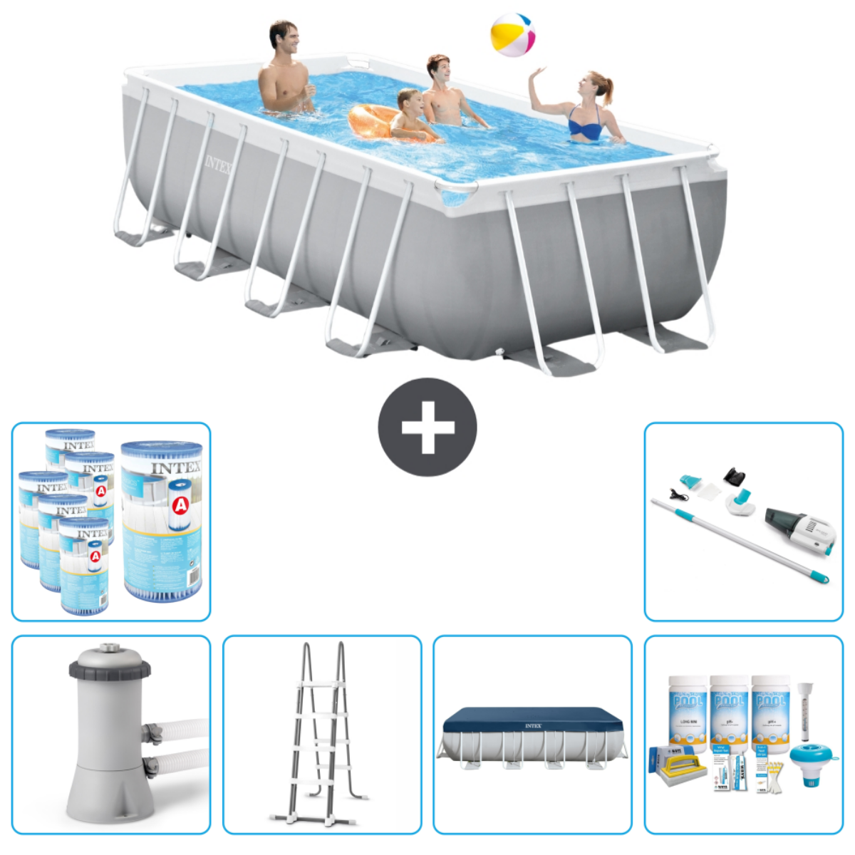 Personnes dans piscine grise, accessoires en dessous.