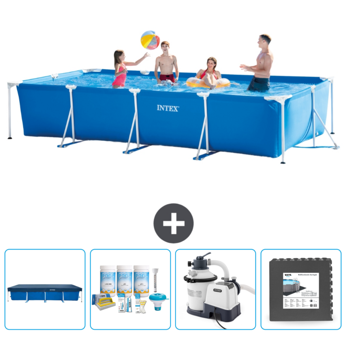 Family in blue Intex pool. Includes cover, chemicals, filter, and a mat.