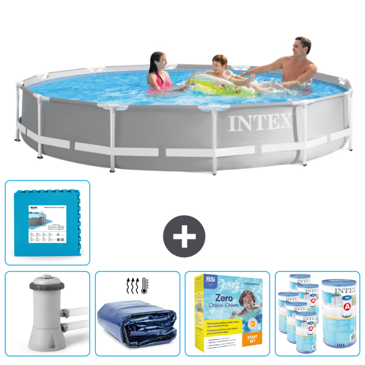 Famille dans une piscine Intex grise. Comprend un tapis, un filtre, une bâche, des produits chimiques et un kit de démarrage.