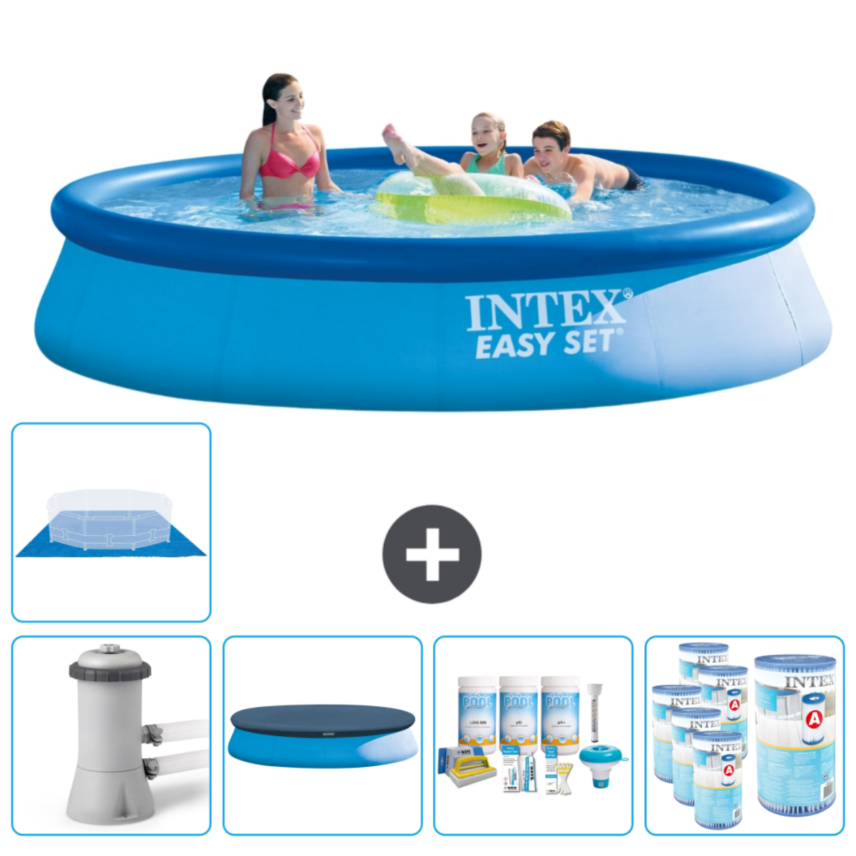 Een blauw Intex Easy Set zwembad met mensen, afdekking, pomp, filter en chemicaliën.