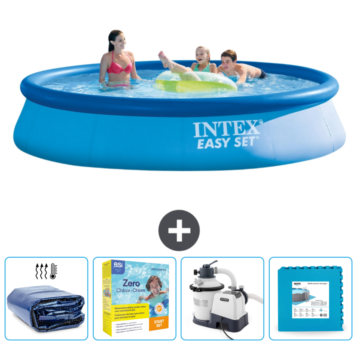 Une piscine Intex Easy Set bleue avec des personnes, une couverture, des produits chimiques, une pompe et des tapis.