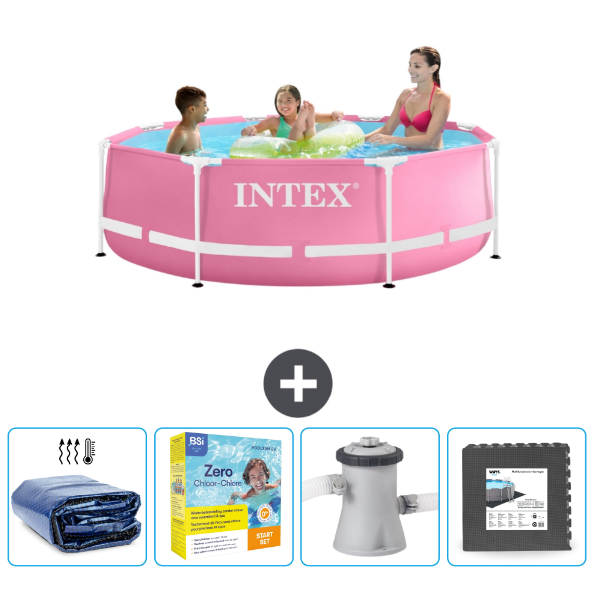 A pink round pool with three people in it. Accessories are also shown.