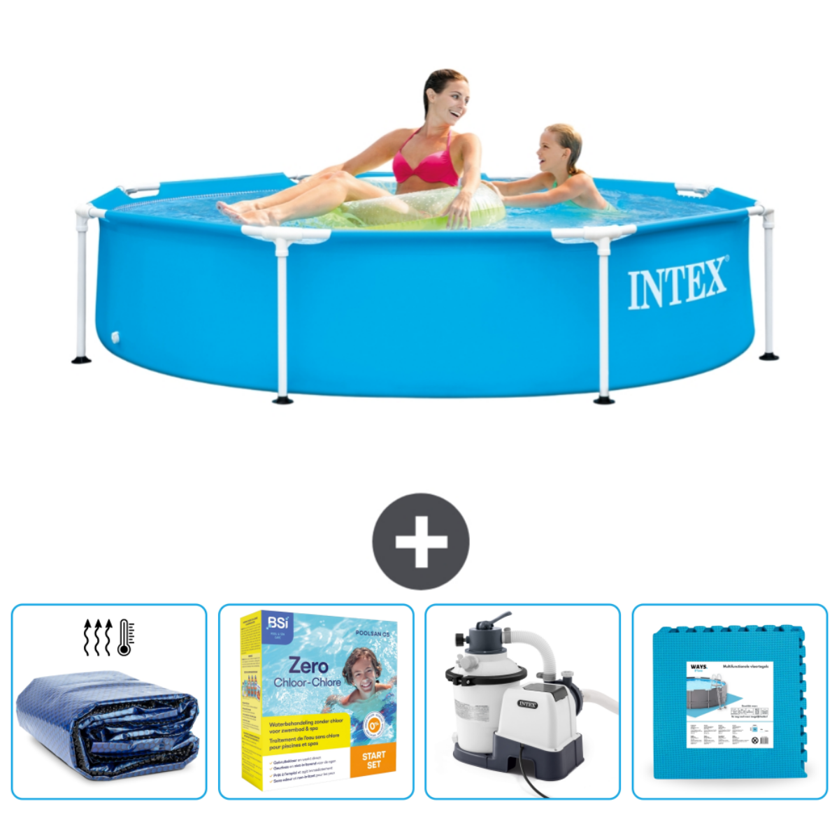 Blue round pool with people, accessories include cover, chemicals, pump, and foam mats.