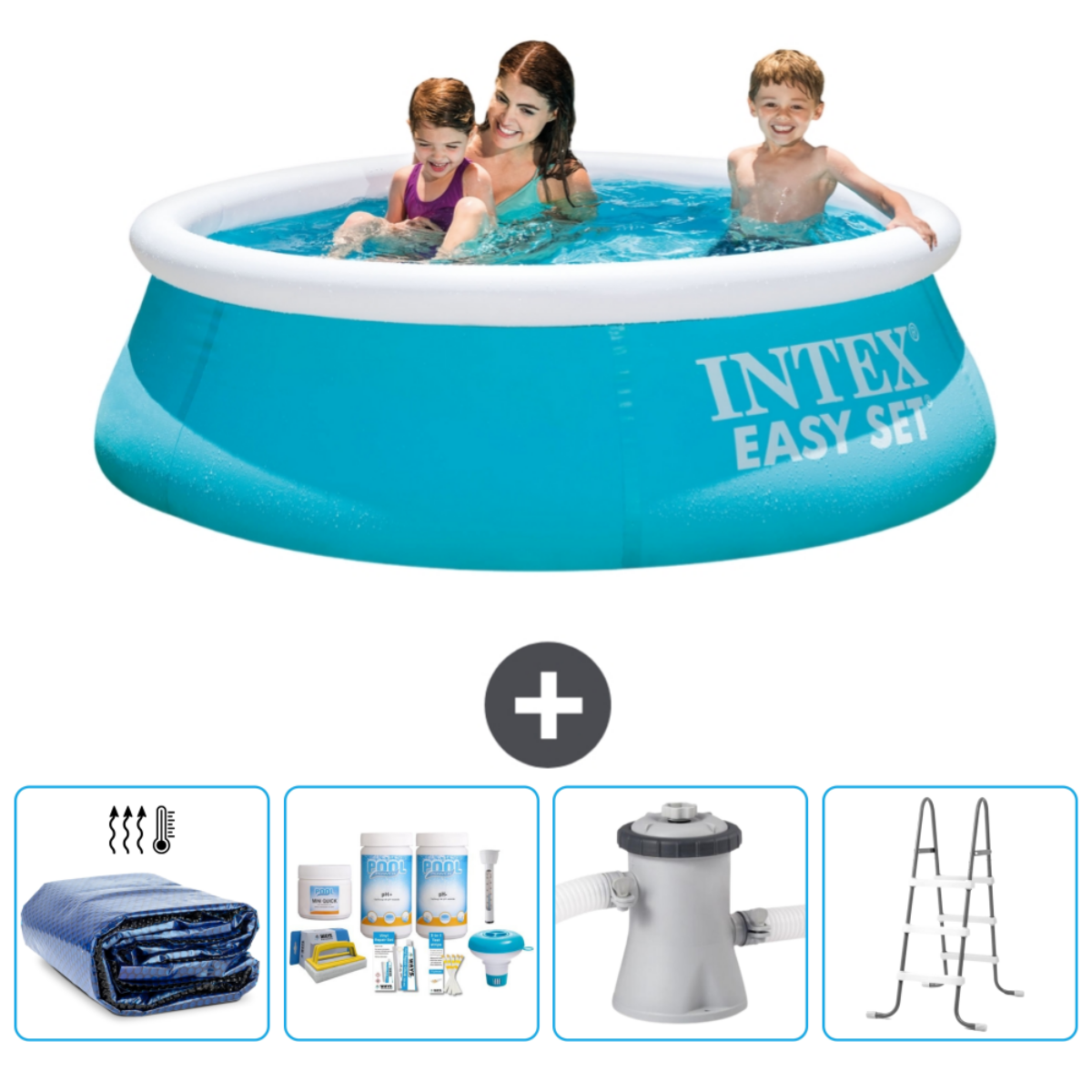 Piscine gonflable bleue avec trois personnes, couverture de piscine et produits d'entretien.