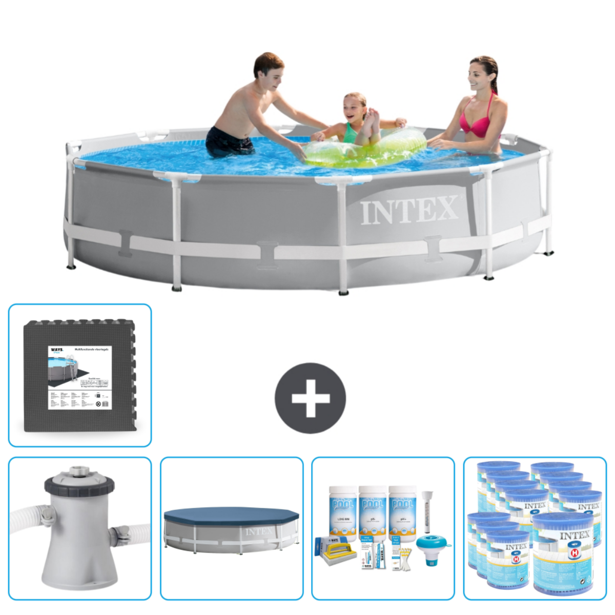 Family in gray pool with INTEX logo, accessories around. People and accessories.