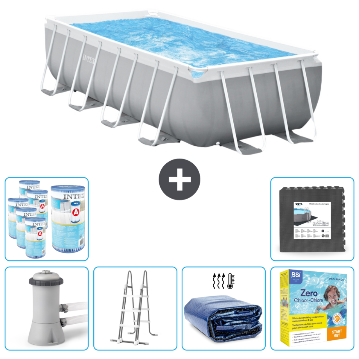 Rechthoekig zwembad met water, accessoires zijn filterpomp, ladder, schoonmaakbenodigdheden.