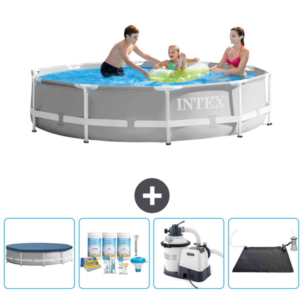 Grey pool with people, accessories: cover, chlorine, filter and solar mat.