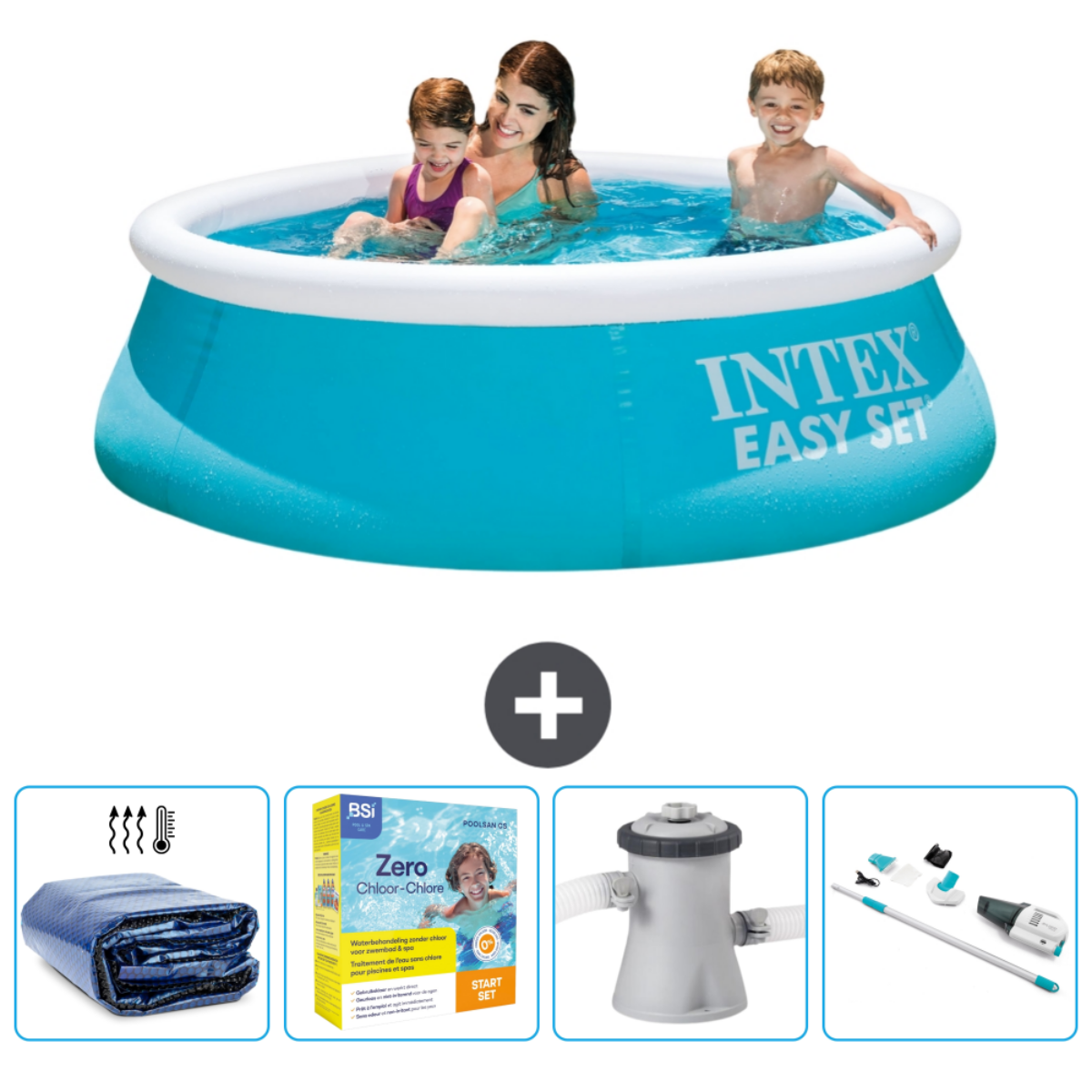 Des gens dans la piscine. Accessoires: couverture, produits chimiques, filtre et kit de nettoyage.
