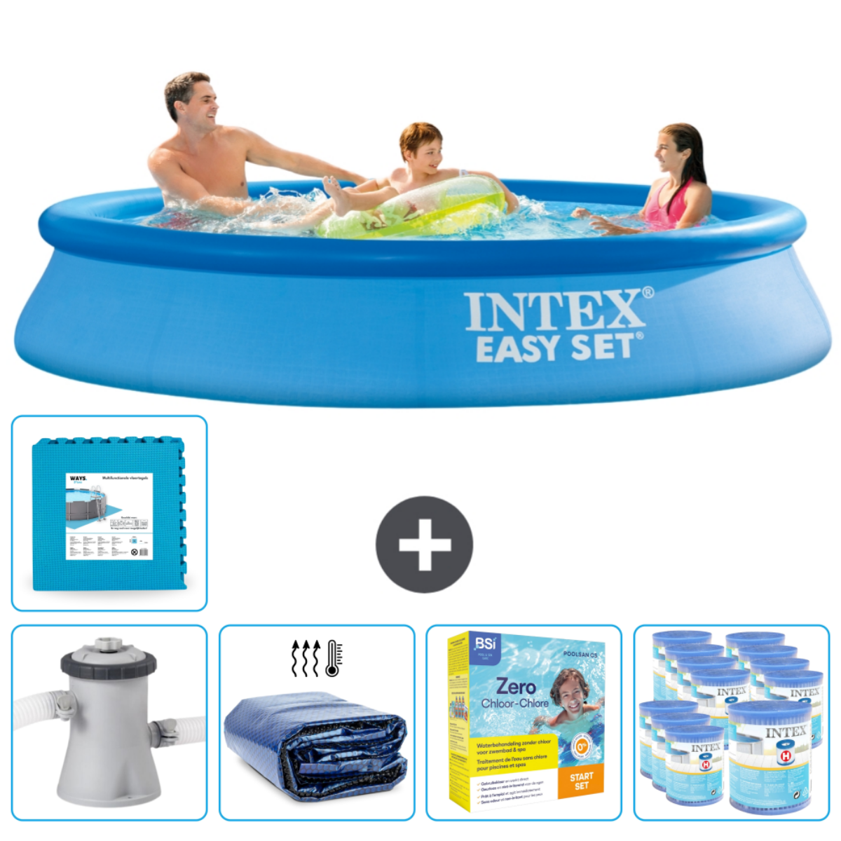 Famille jouant dans une piscine Intex Easy Set. Accessoires affichés.