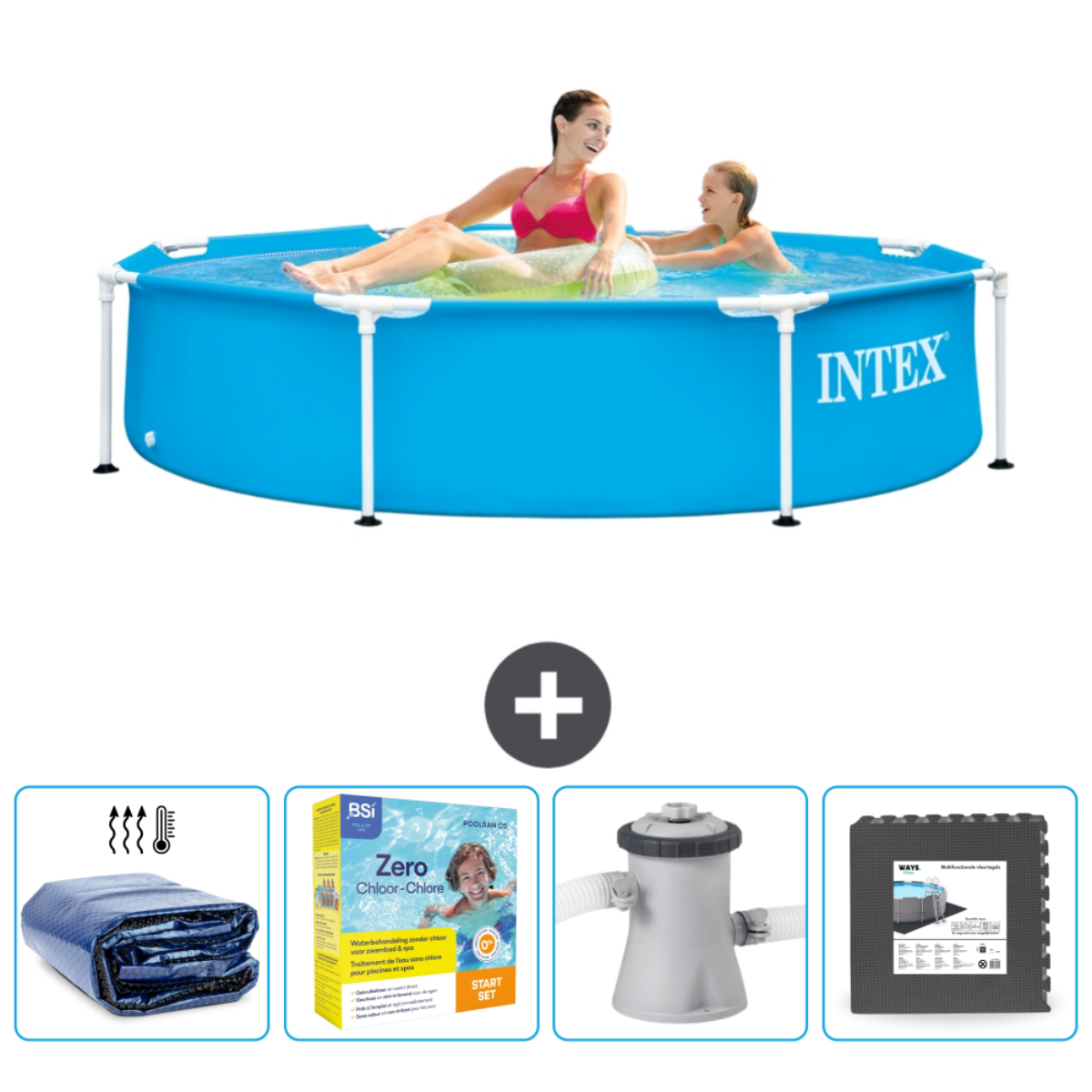Des gens dans la piscine. Accessoires: couverture, produits chimiques, filtre et échelle.