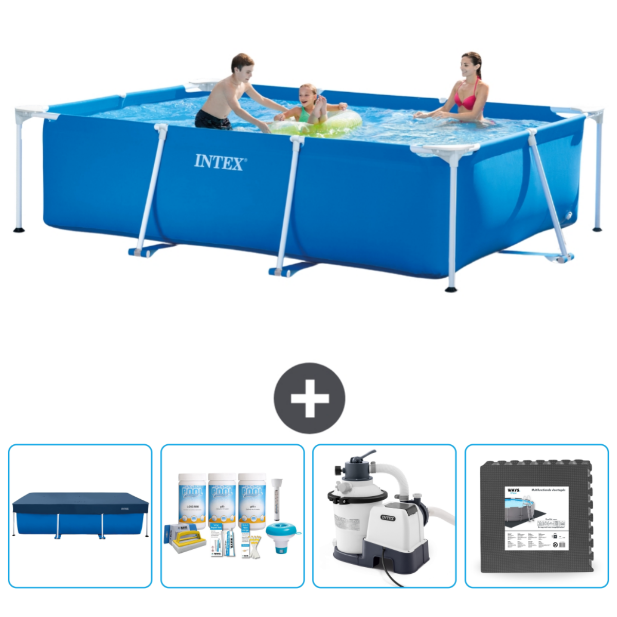 Three people in pool. Rectangular blue pool, white frame. Accessories include a cover and a filter.