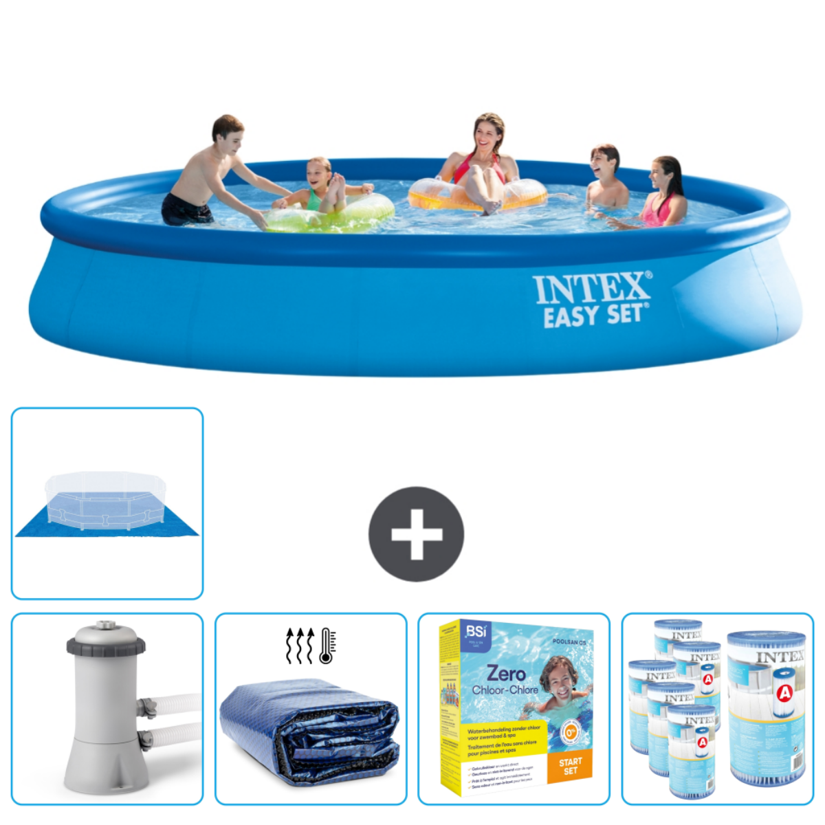 Familie in Intex Easy Set zwembad, accessoires getoond.