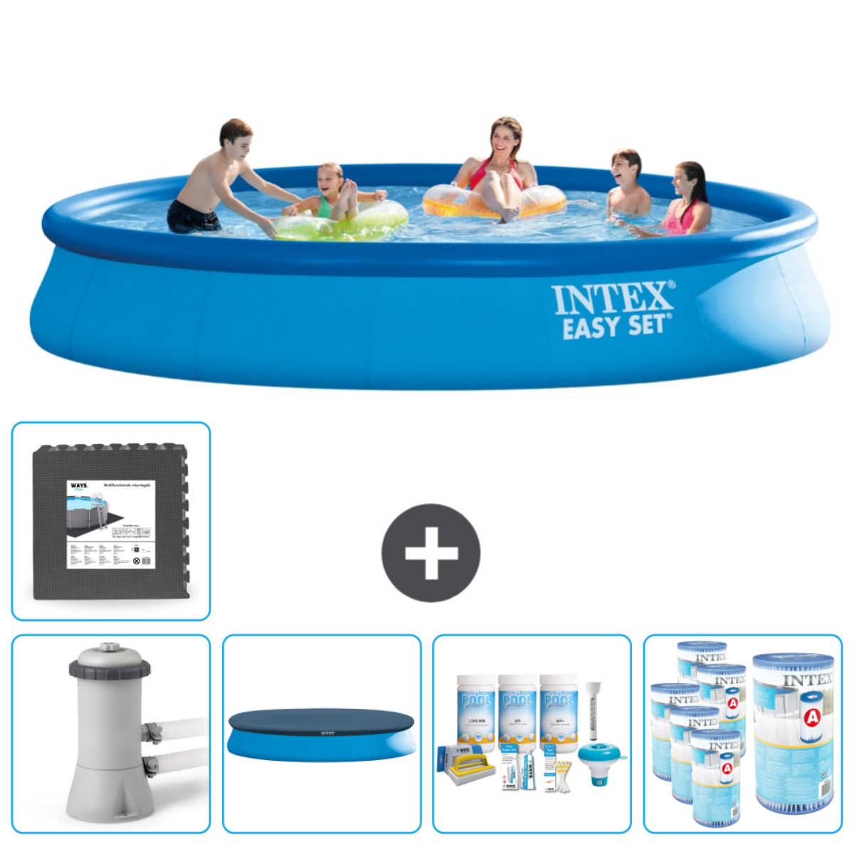 Mensen in blauw zwembad. Inclusief schuimmat, filter, afdekking, chemicaliën en accessoires.