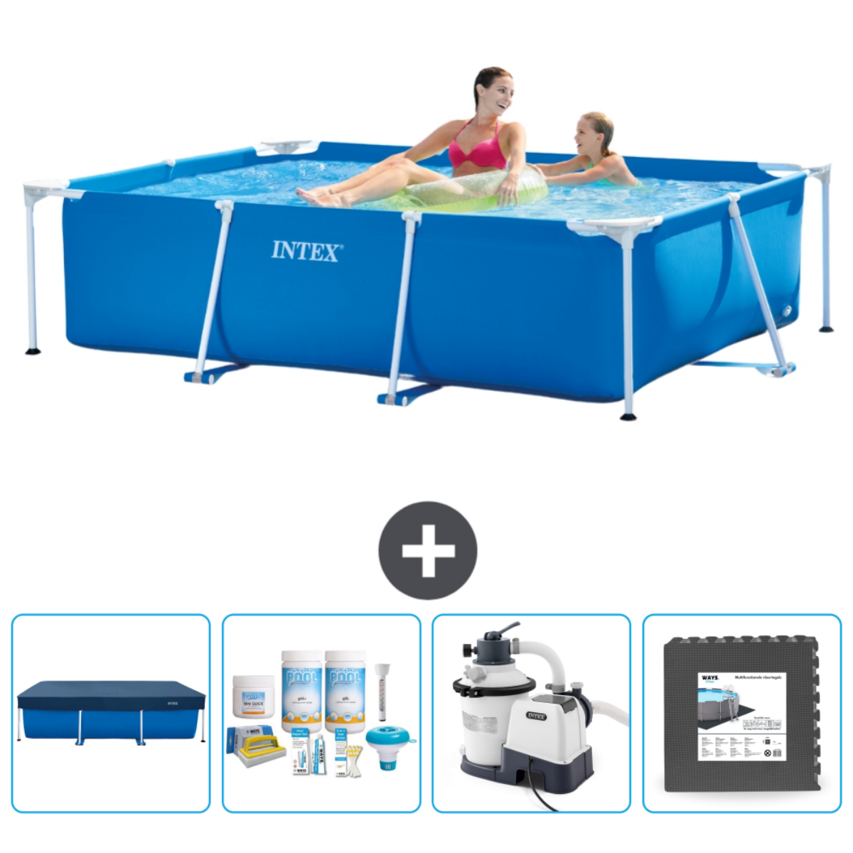 Blue rectangular pool with people. Accessories: a cover, chemicals, a pump, and a mat.