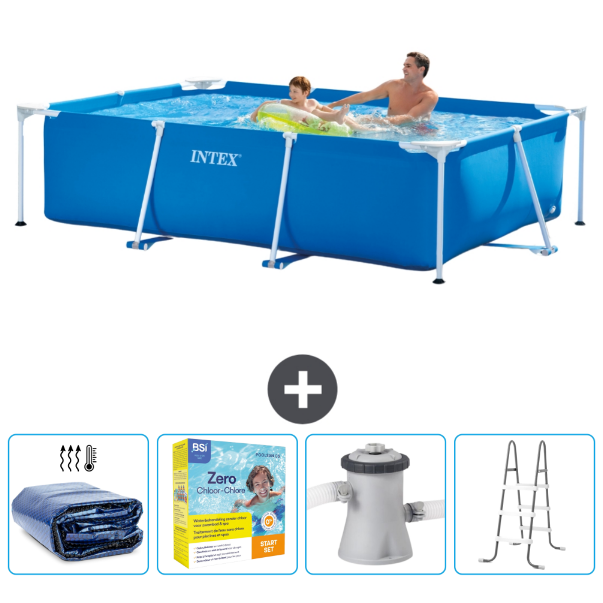 Piscine rectangulaire bleue avec personnes, plus accessoires: couverture, produits chimiques, pompe et échelle.