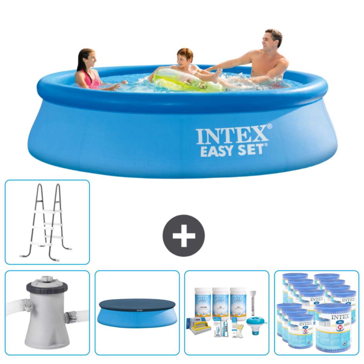 Une piscine Intex bleue avec des personnes, des accessoires et une échelle.