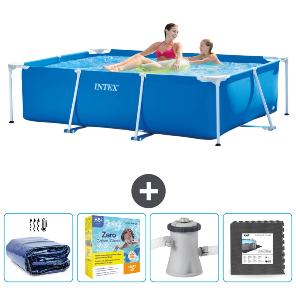 Blue rectangular pool with people. Accessories: a cover, chemicals, a pump, and a mat.