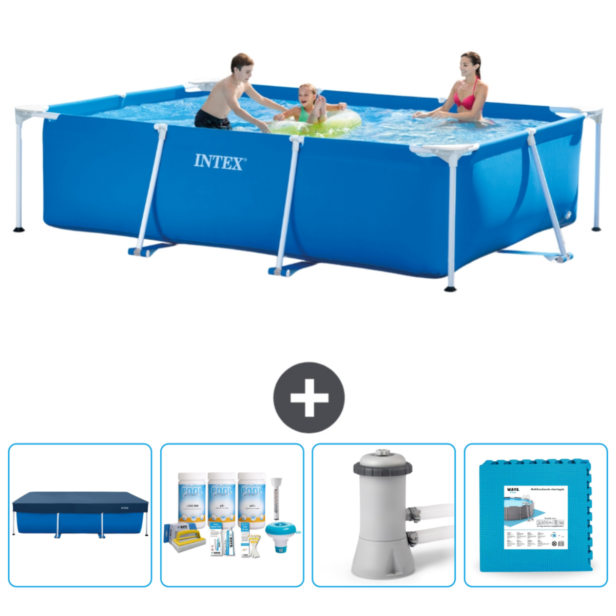 Mensen in blauw rechthoekig zwembad. Accessoires: afdekking, chemicaliën, filter en mat.