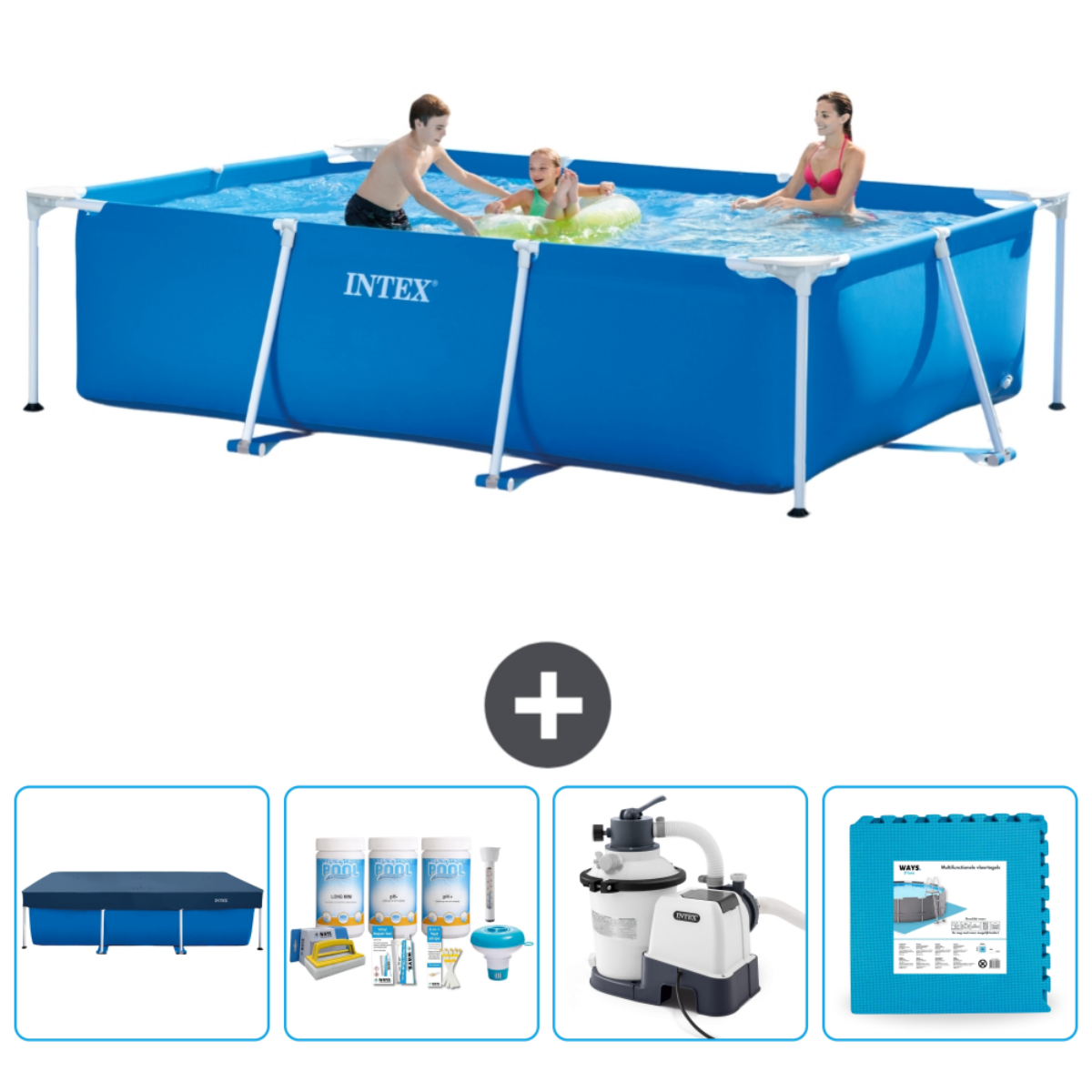 Blue rectangular pool with people, accessories in the bottom. White frame.