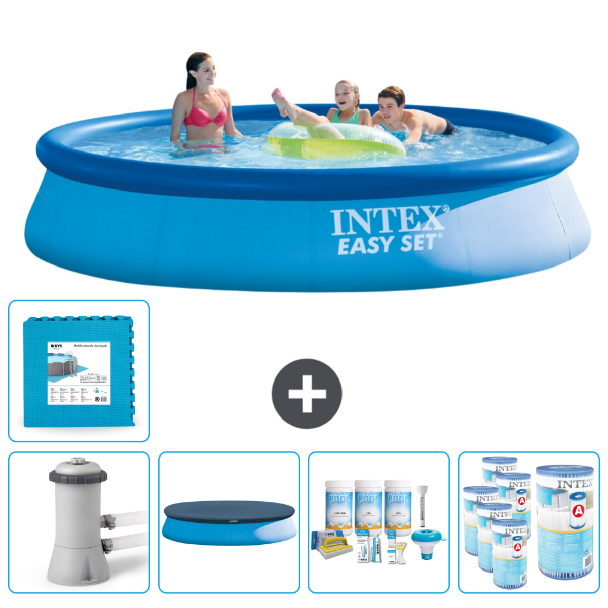 Piscine gonflable bleue avec personnes, accessoires : couverture, chlore, filtre et dalles en mousse.