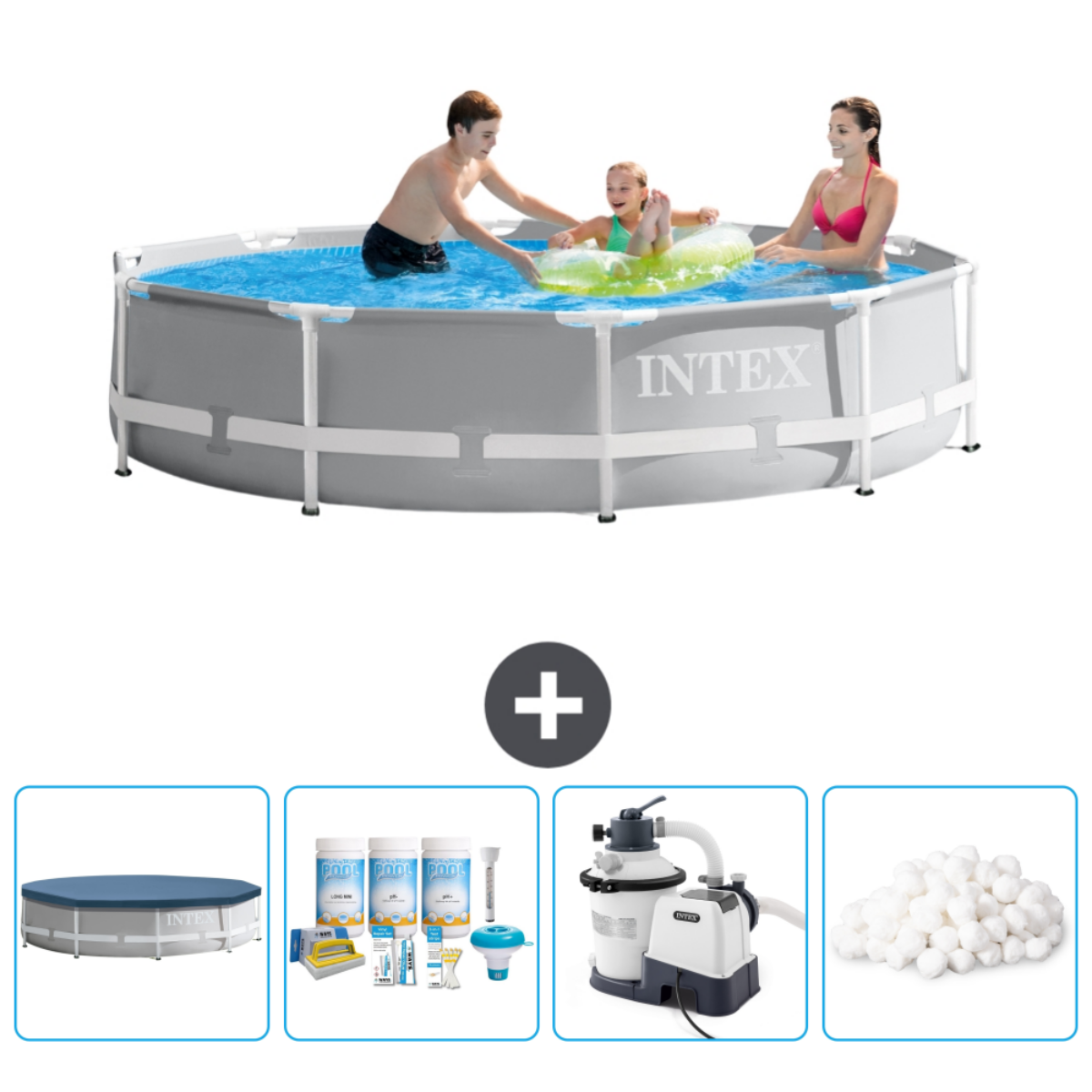 Family in gray pool with INTEX logo, accessories around. People and accessories.