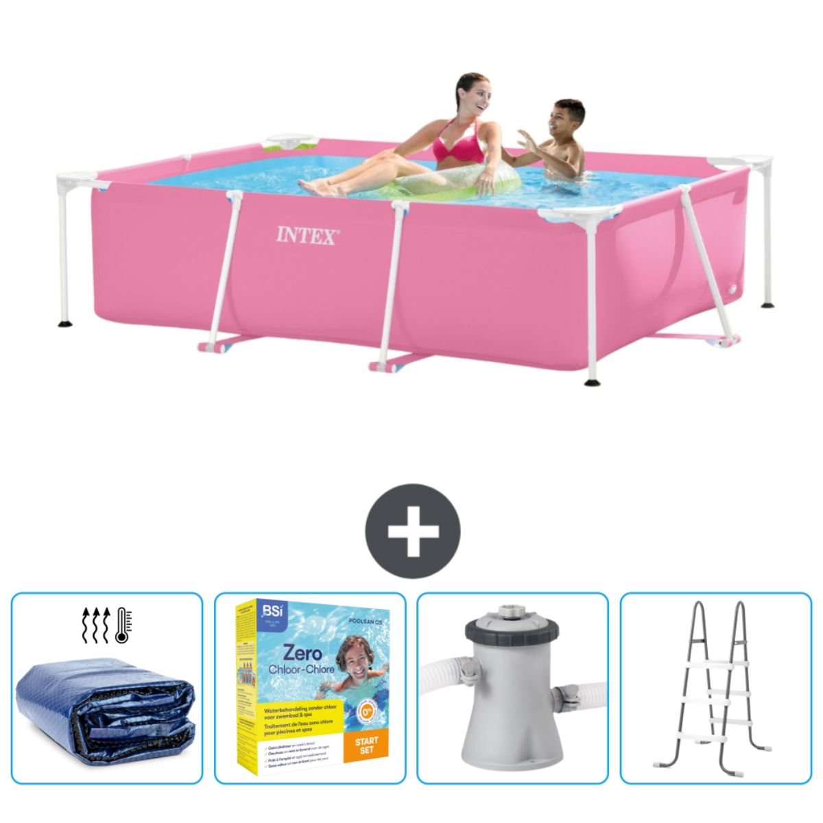 Famille dans une piscine Intex rose. Les accessoires comprennent une bâche, des produits chimiques, un filtre et une échelle.
